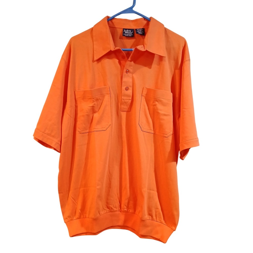 Vtg John Blair Large Mens Orange Short Sleeve Polo Shirt Banded Hem Two Pocket
